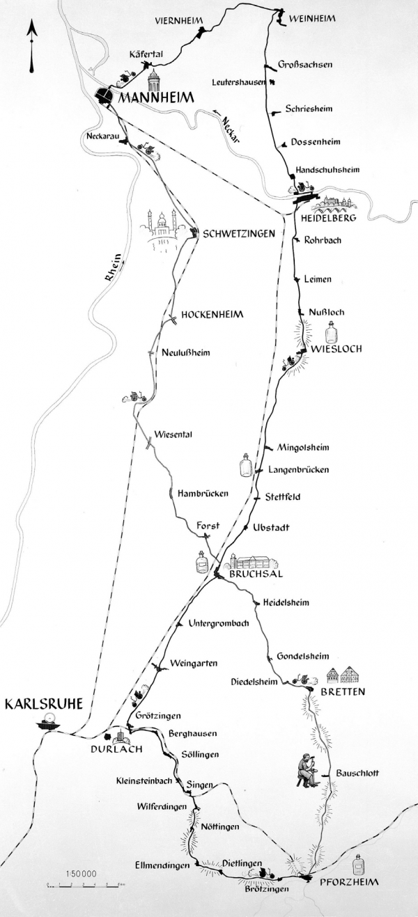 베르타 벤츠가 성공한 왕복 180km에 이르는 세계 최초의 장거리 주행 지도