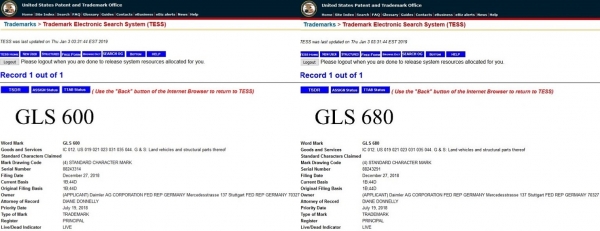 미국 특허청에 새로운 상표로 틍록된 메르세데스-벤츠 'GLS 600과 GLS 680'