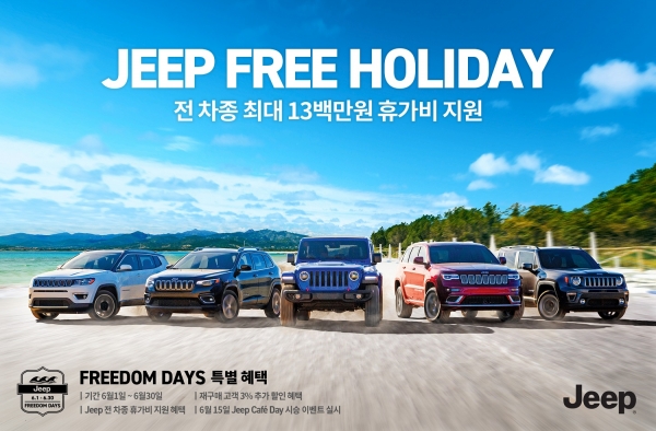 지프가 6월 한 달간 전 차종 구매 시 휴가비를 지원하는 ‘프리덤 데이즈’ 캠페인을 실시한다.