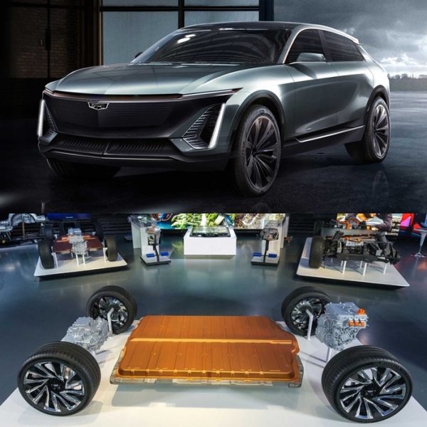 캐딜락 '전기 크로스오버 컨셉트' (상), GM과 LG화학이 공동개발한 '얼티엄’ 배터리 (하)
