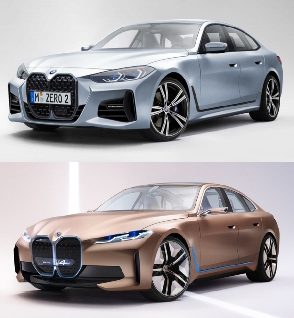 BMW 신형 '4시리즈 그란쿠페' 예상도 (상), BMW '컨셉트 i4' (하) (출처 ː Motor1.com)