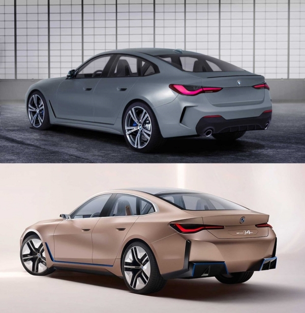 BMW 신형 '4시리즈 그란쿠페' 예상도 (상), BMW '컨셉트 i4' (하) (출처 ː Motor1.com)
