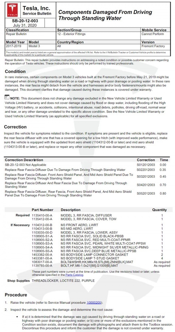 테슬라가 발표한 모델3 범퍼 결함 보증수리 문서