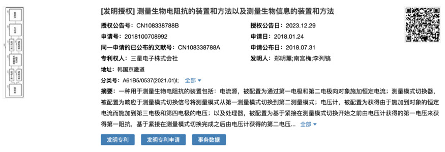 삼성전자가 중국 국가지적재산권국(SIPO)으로 부터 '생체전기임피던스 측정 장치 및 방법·생체정보 측정 장치 및 방법' 특허를 승인받았다. (출처 : SIPO)