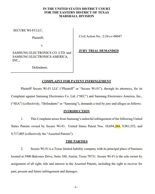 시큐어 와이파이가 미국 텍사스 동부연방지방법원에 삼성전자와 삼성전자 미국법인를 와이파이 특허 침해 혐의로 제소했다. (출처 : 미국 텍사스 동부연방지방법원)