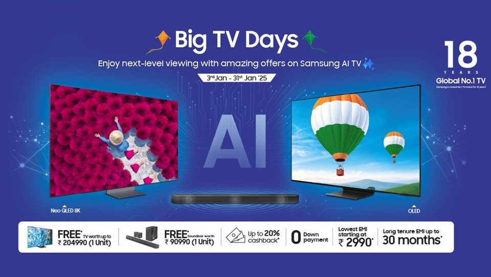 Avail incredible offers, including free Samsung TVs worth up to ₹204,990 and free soundbars worth up to ₹99,990 with select purchases