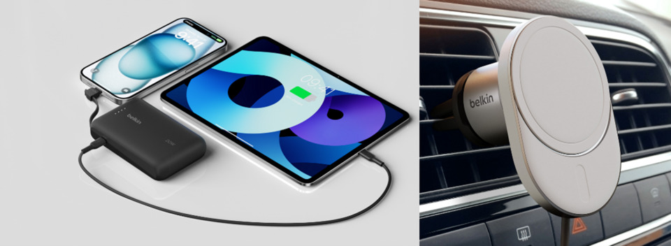 벨킨 C타입 케이블 일체형 20W 10,000mAh 보조배터리(BPB021) (좌),벨킨 부스트업 맥세이프 15W 차량용 무선 충전기 거치대(WIC008) (우)