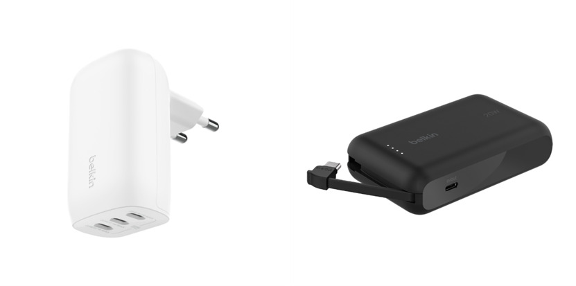 벨킨 67W 트리오 C타입 PPS 고속 충전기(WCC002) (좌), 벨킨 C타입 케이블 일체형 20W 10,000mAH 보조배터리(BPB021) (우)
